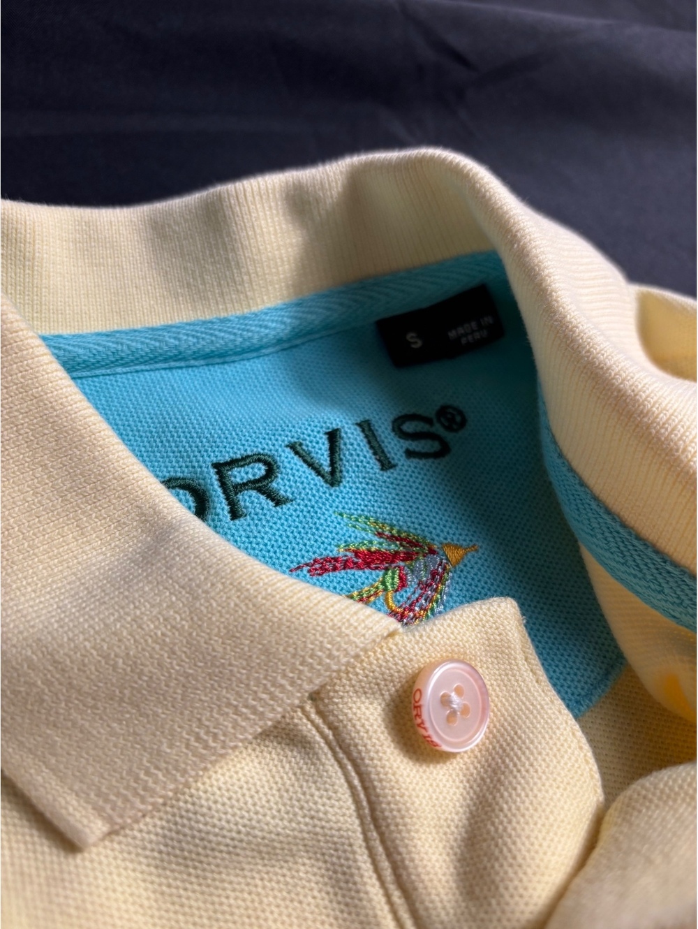Orvis Men's Cream Polo Shirt with Blue Accents Size Small